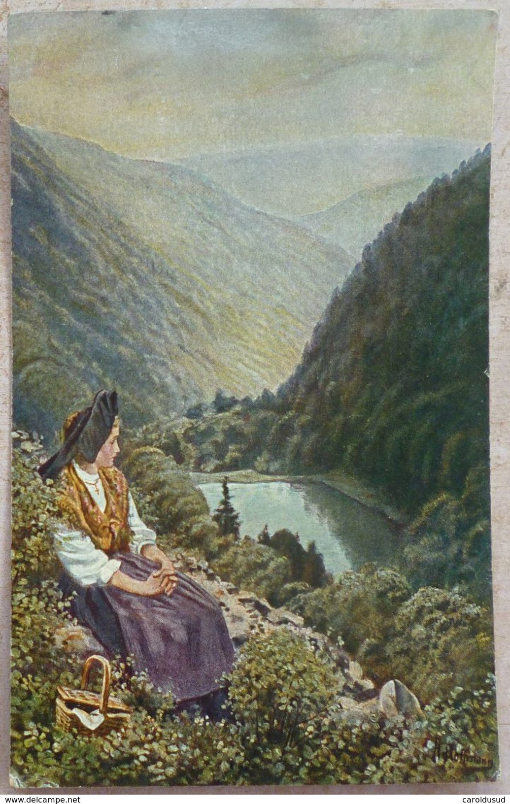 CPA LITHO ILLUSTRATEUR H. HOFFMANN FOLKLORE ELSÄSSER TRACHTEN BLATT 7 FEMME PANIER PAYSAGE FORET LAC - Hoffmann, Anton - Munich