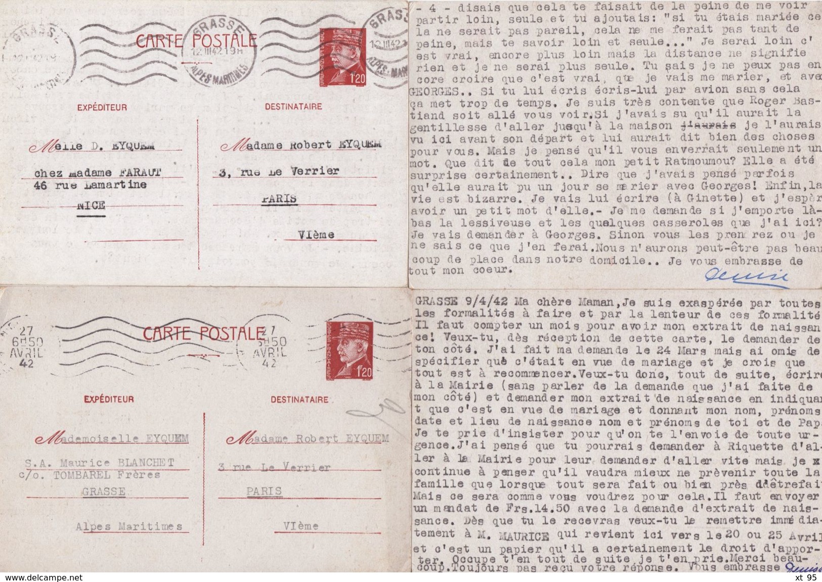 Correspondance De 160 Entiers Type Petain Iris - Famille Eyquem - Nice Grasse Alpes Maritimes - Frais De Port Offerts - Oorlog 1939-45