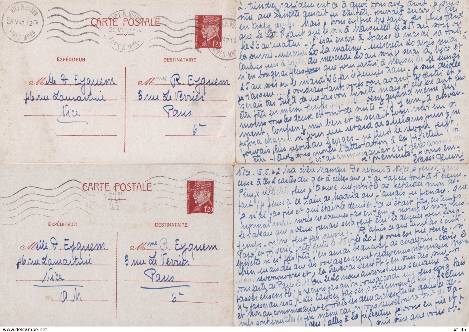 Correspondance De 160 Entiers Type Petain Iris - Famille Eyquem - Nice Grasse Alpes Maritimes - Frais De Port Offerts - 2. Weltkrieg 1939-1945