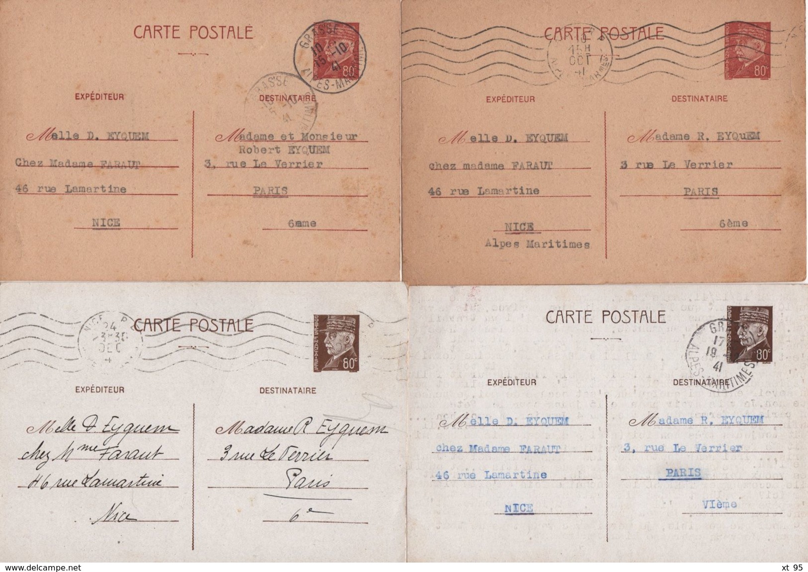 Correspondance De 160 Entiers Type Petain Iris - Famille Eyquem - Nice Grasse Alpes Maritimes - Frais De Port Offerts - Oorlog 1939-45