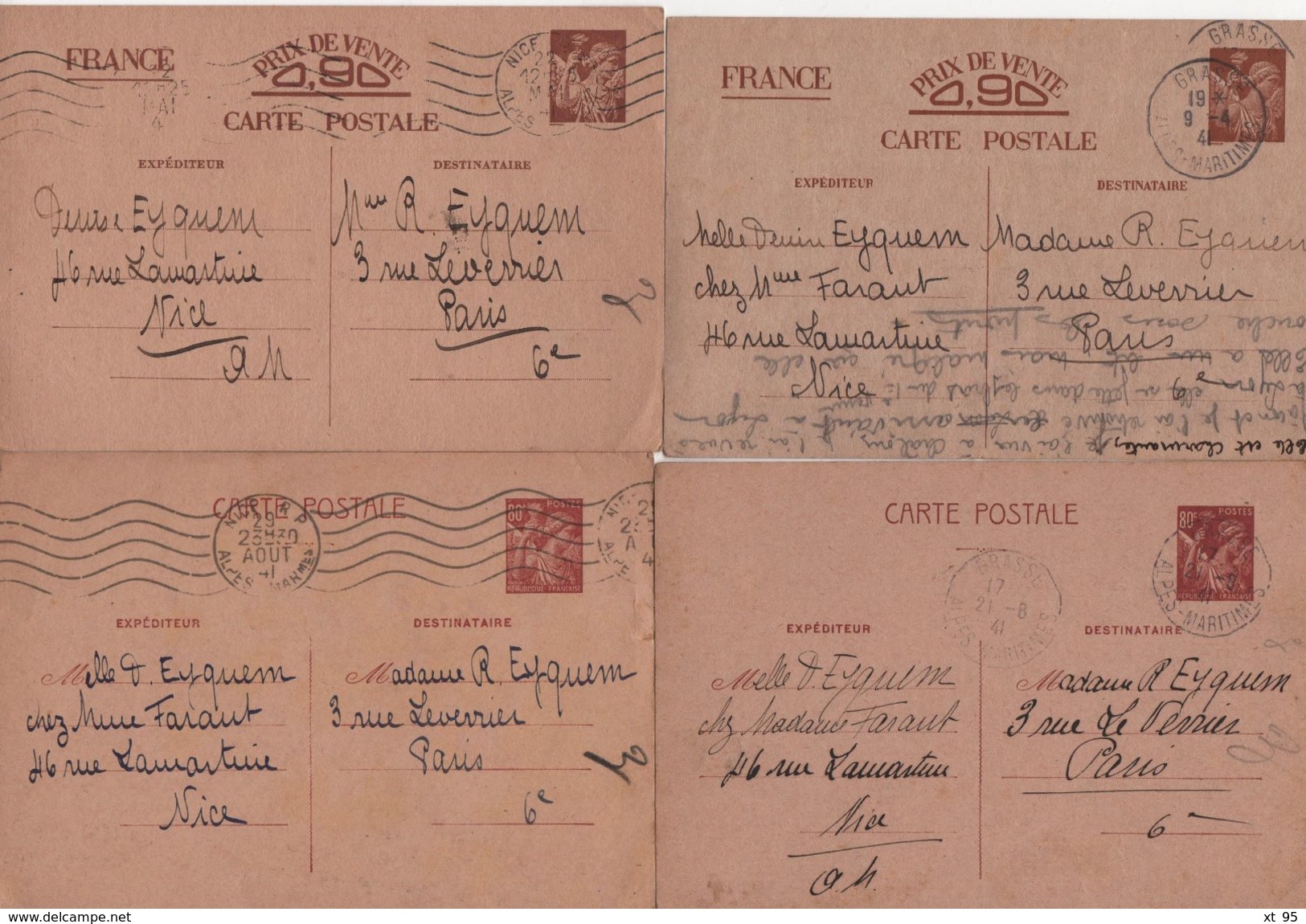 Correspondance de 160 entiers type Petain Iris - famille Eyquem - Nice Grasse Alpes Maritimes - frais de port offerts