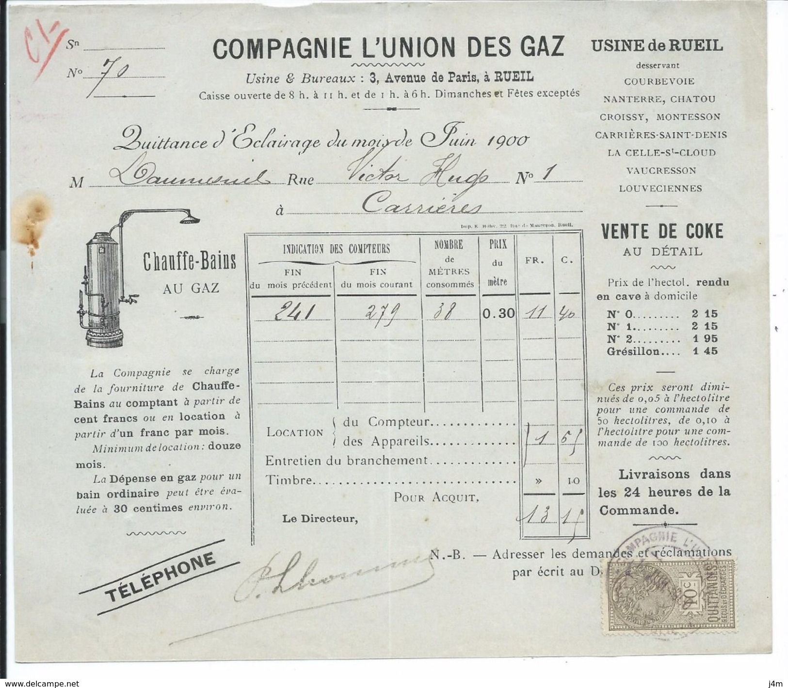 FACTURE De 1900..COMPAGNIE L'UNION Des GAZ, Avenue De Paris à RUEIL (92) - 1900 – 1949