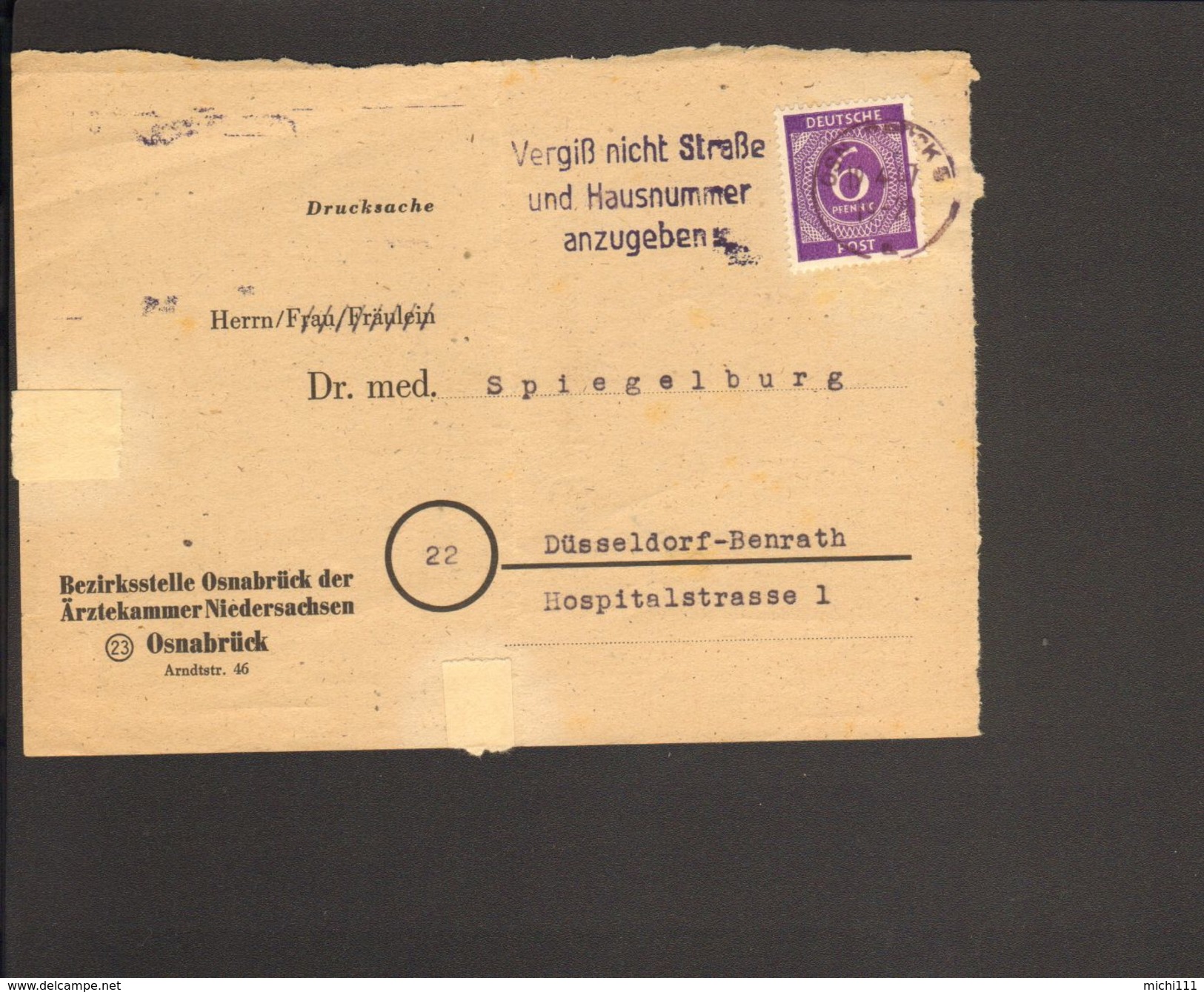 Alli.Bes.6 Pfg.Ziffer Auf Drucksache (Vorderseite) Aus Osnabrück Von 1947 Serienstempel Vergiß Nicht Straße U.Hausnummer - Autres & Non Classés