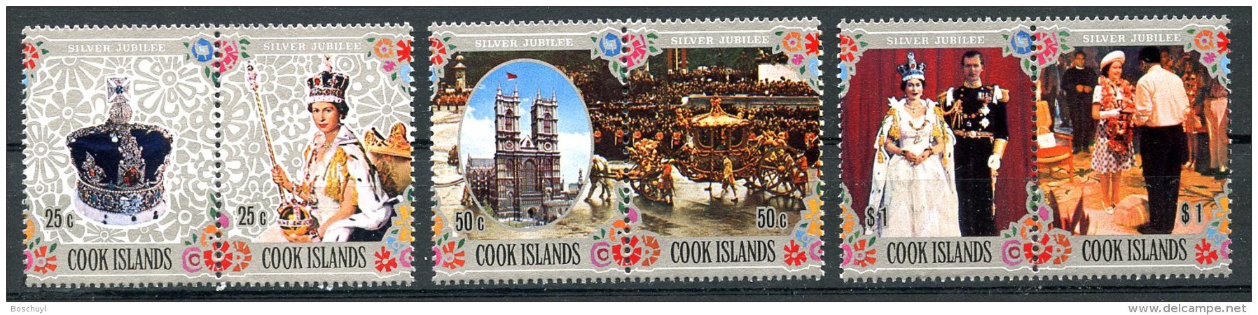 Cook Islands, 1977, Silver Jubilee Queen Elizabeth, Royal, MNH Pairs, Michel 518-523 - Cook