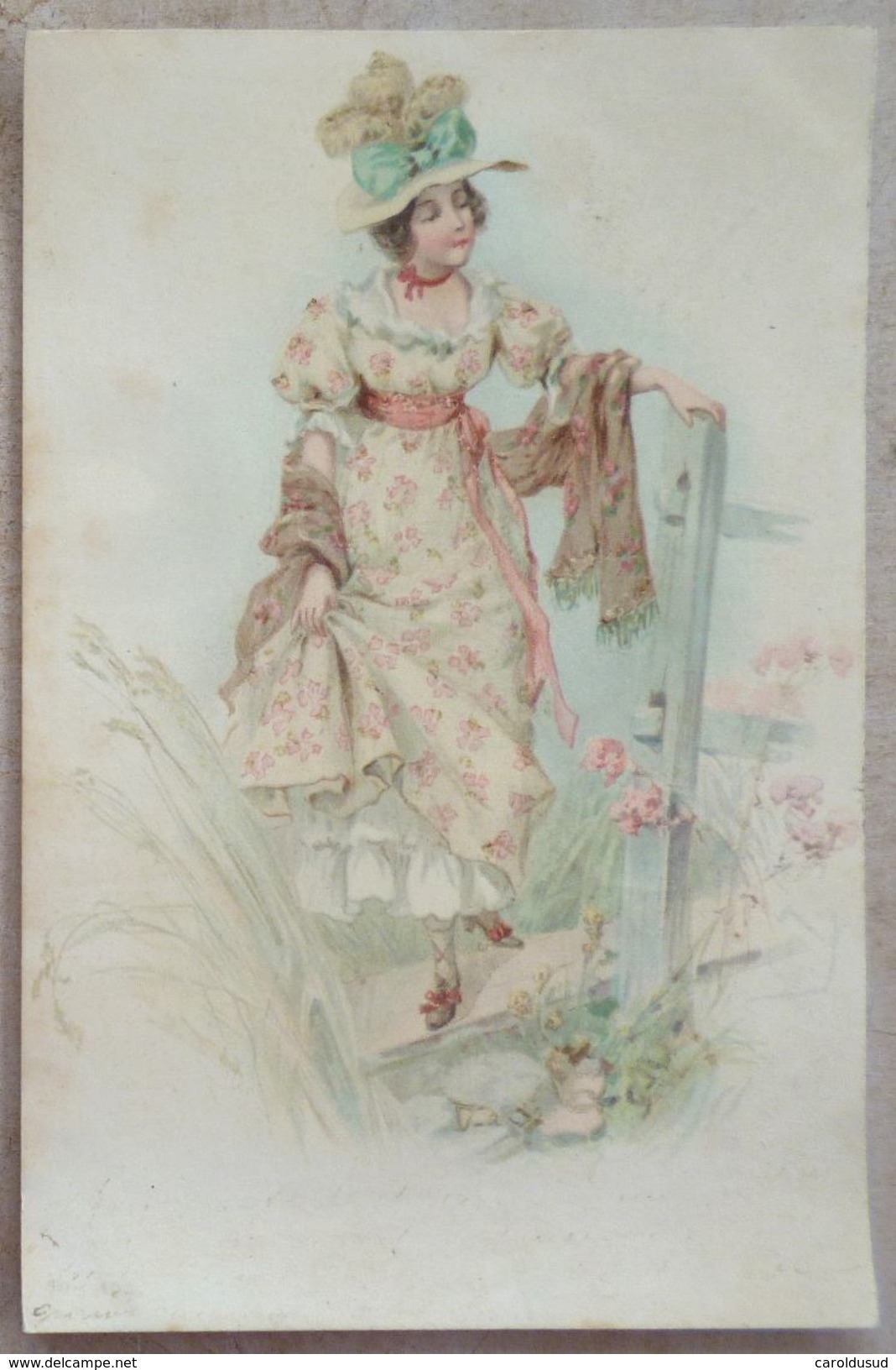 LITHO Precurseur ILLUSTRATEUR Vienne ? FEMME Fille Elegante Chapeau Relevant Jupon En Se Tenant A Barriere - Avant 1900