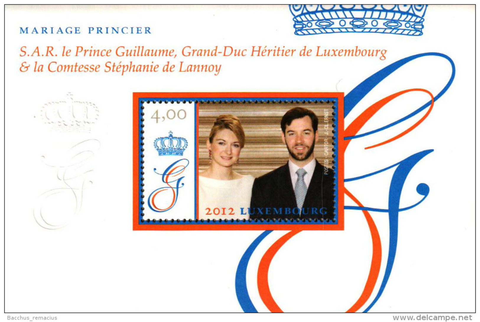 Luxembourg Bloc De Timbre (4 Euros) Mariage Princier S.A.R.le Prince Guillaume Et La Comtesse Stéphanie De Lannoy 2012 - Blocks & Kleinbögen