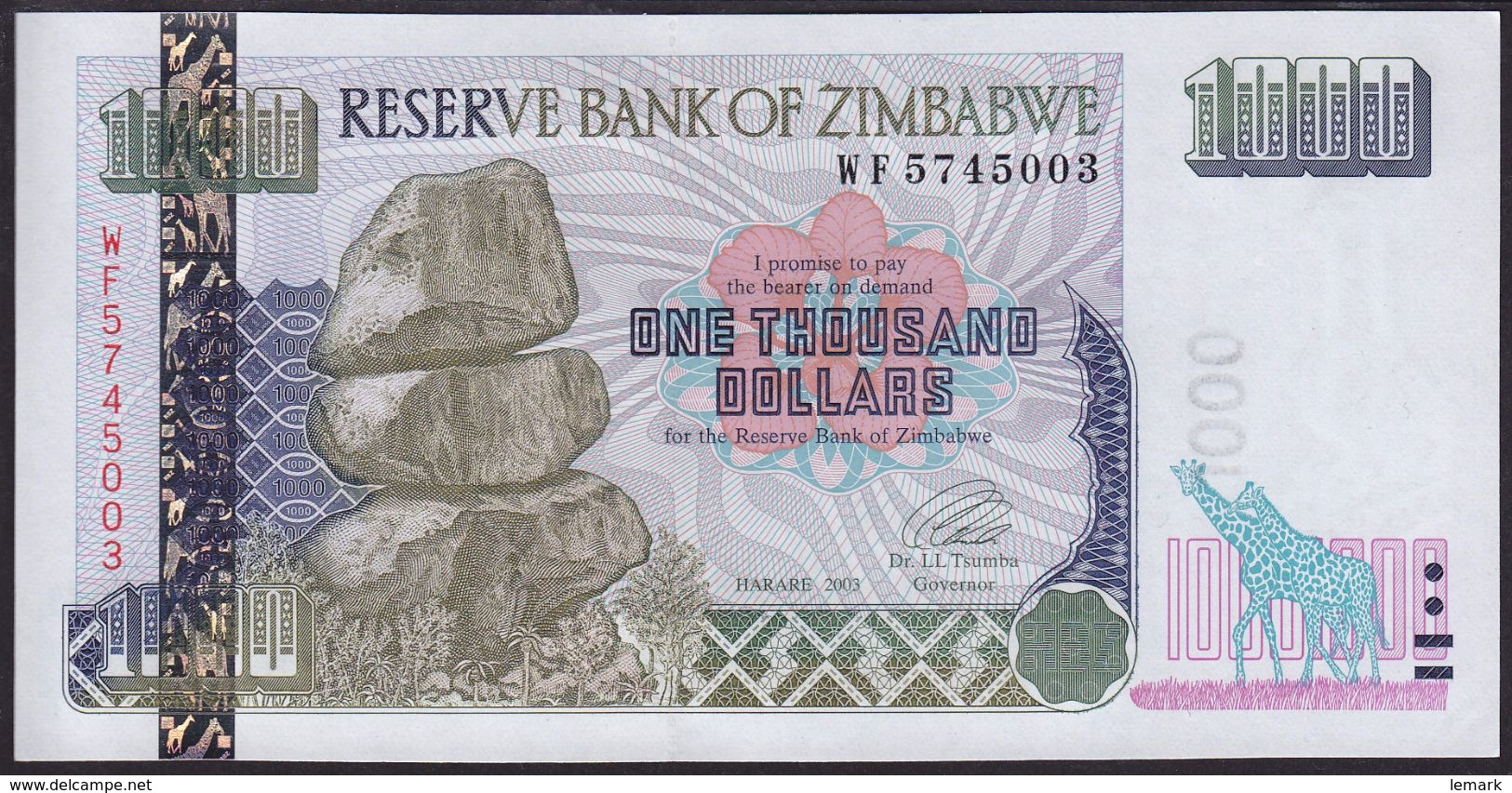 Zimbabwe 1000 Dollar 2003 P12 UNC - Zimbabwe