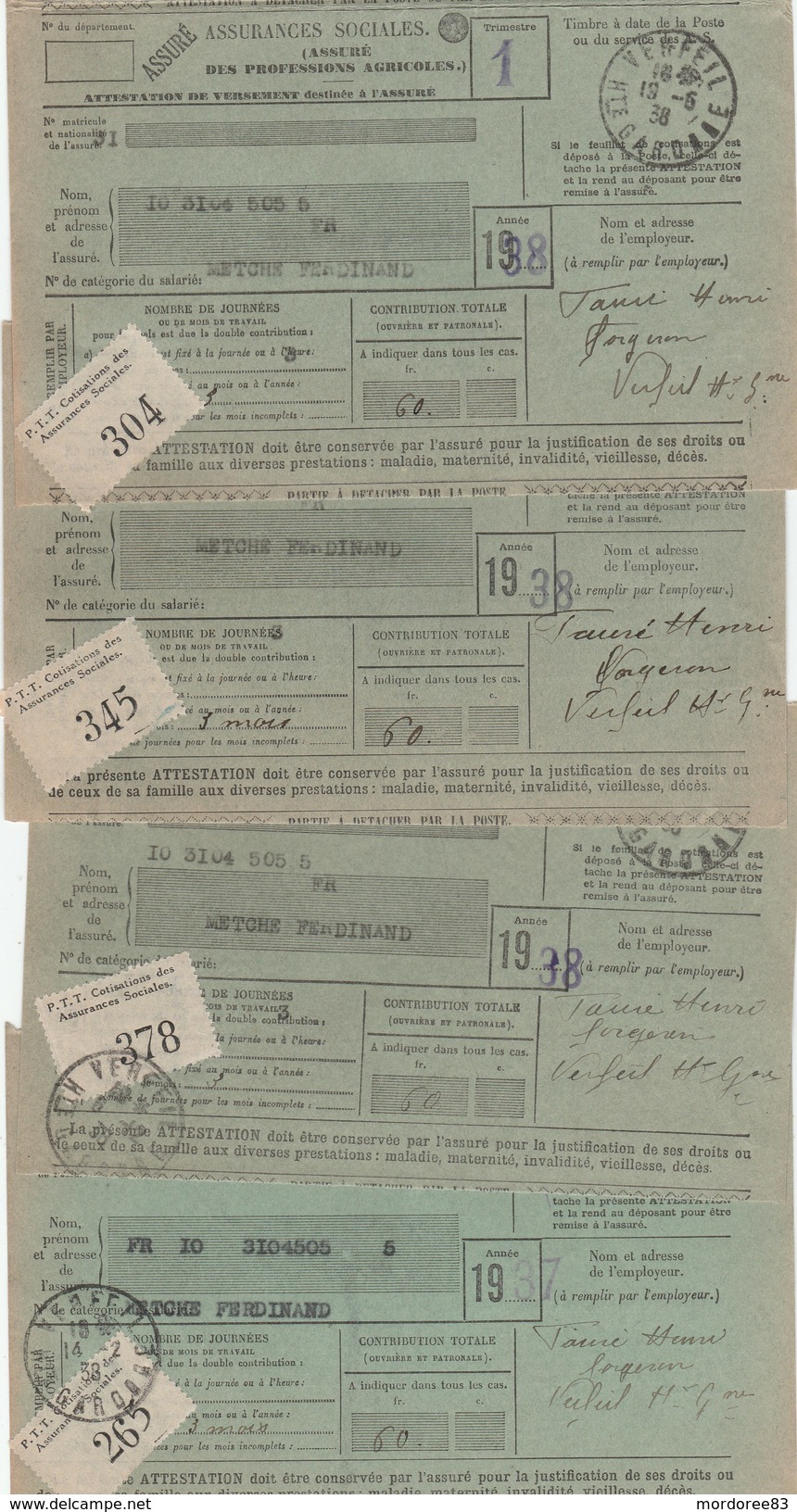 PTT COTISATION DES ASSURANCES SOCIALES 1938 VERFEIL HTE GARONNE -ANNEE COMPLETE - TDA176 - Lettres & Documents