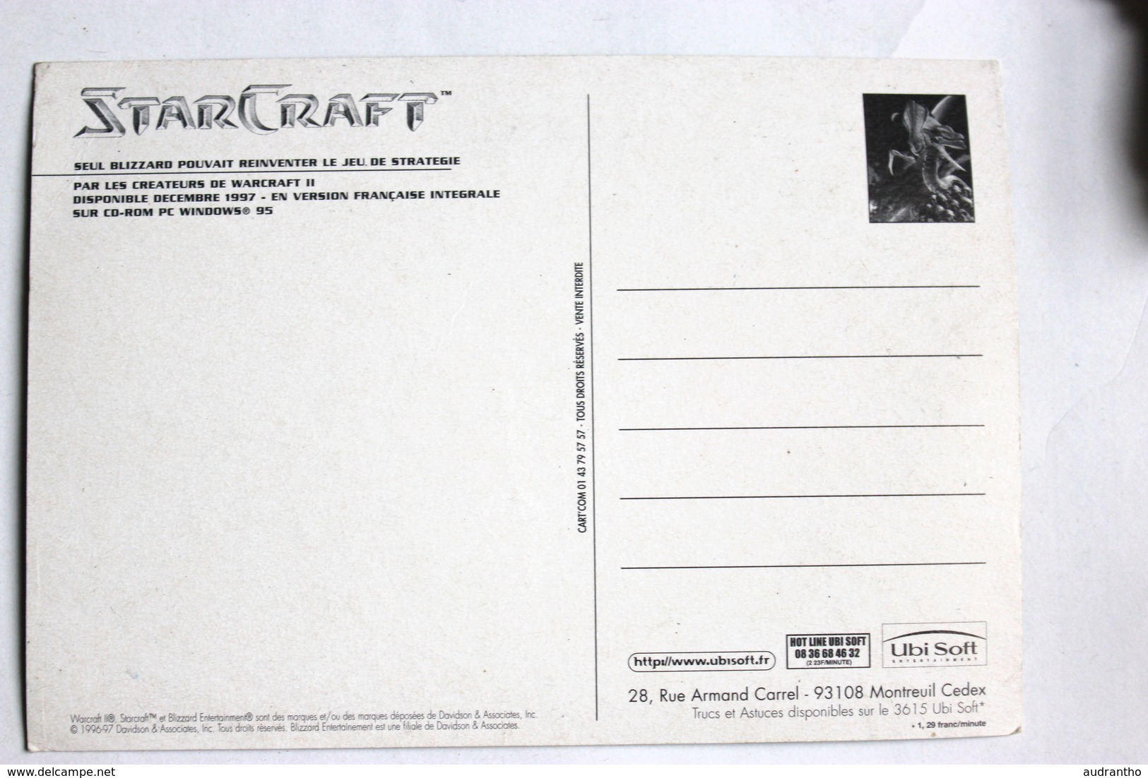 Carte Postale Publicitaire StarCraft Jeu Vidéo Blizzard Ubi Soft 1997 - Merchandising