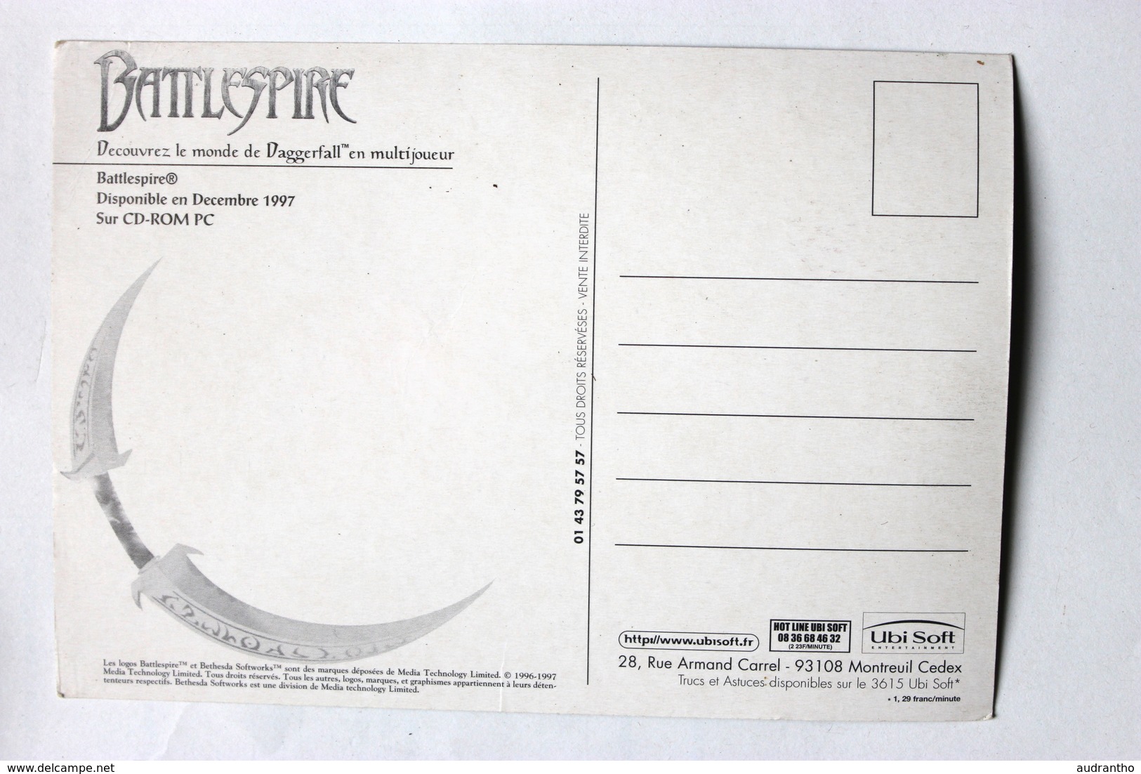 Carte Postale Publicitaire Battlespire Jeu Vidéo Daggerfall Ubi Soft 1997 - Merchandising