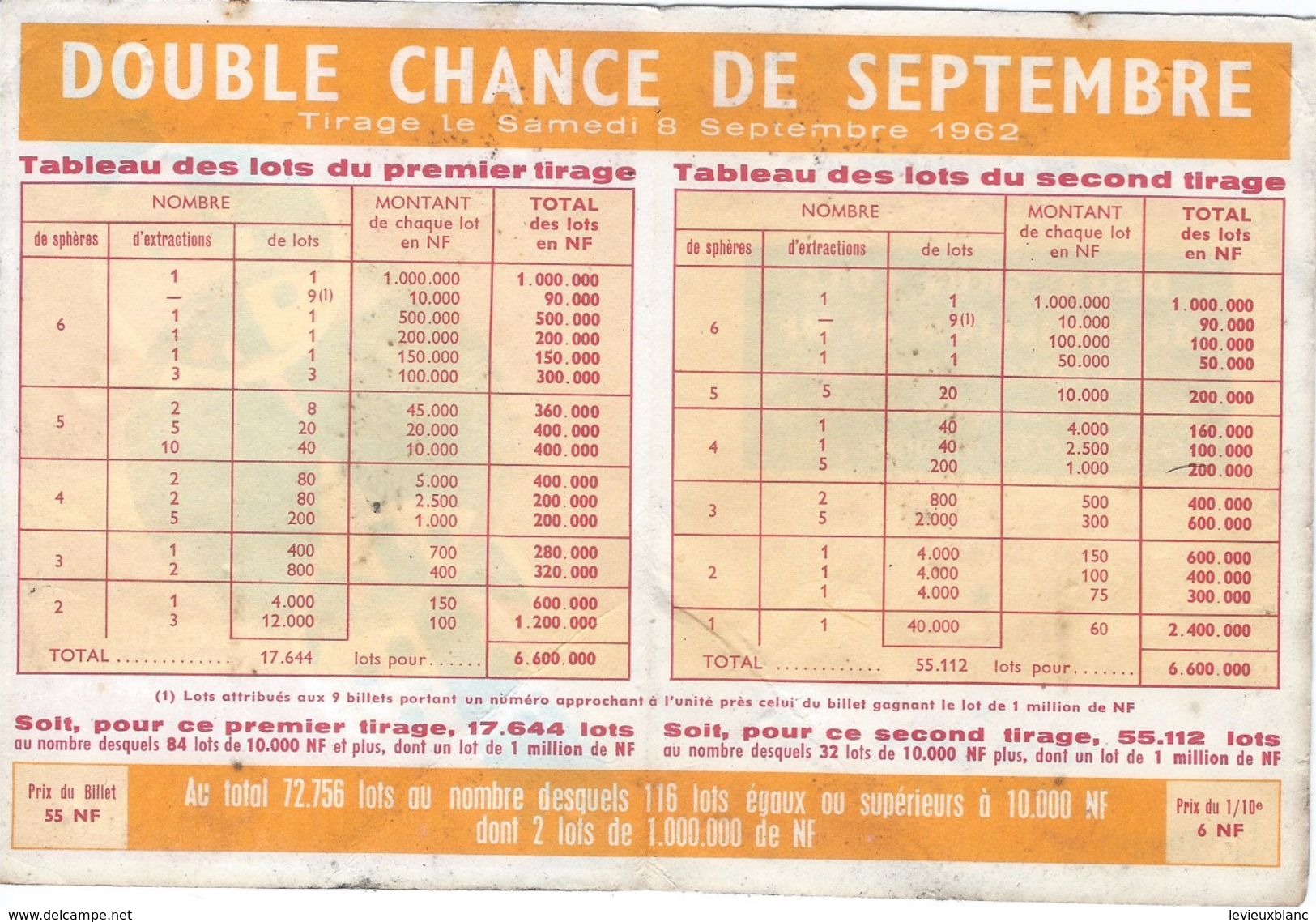 Publicité Loterie Nationale/Papillon 2 Volets/Double Chance/Samedi 8 Septembre 1962/Avec Tableau Des Lots /1962    LOT10 - Lottery Tickets