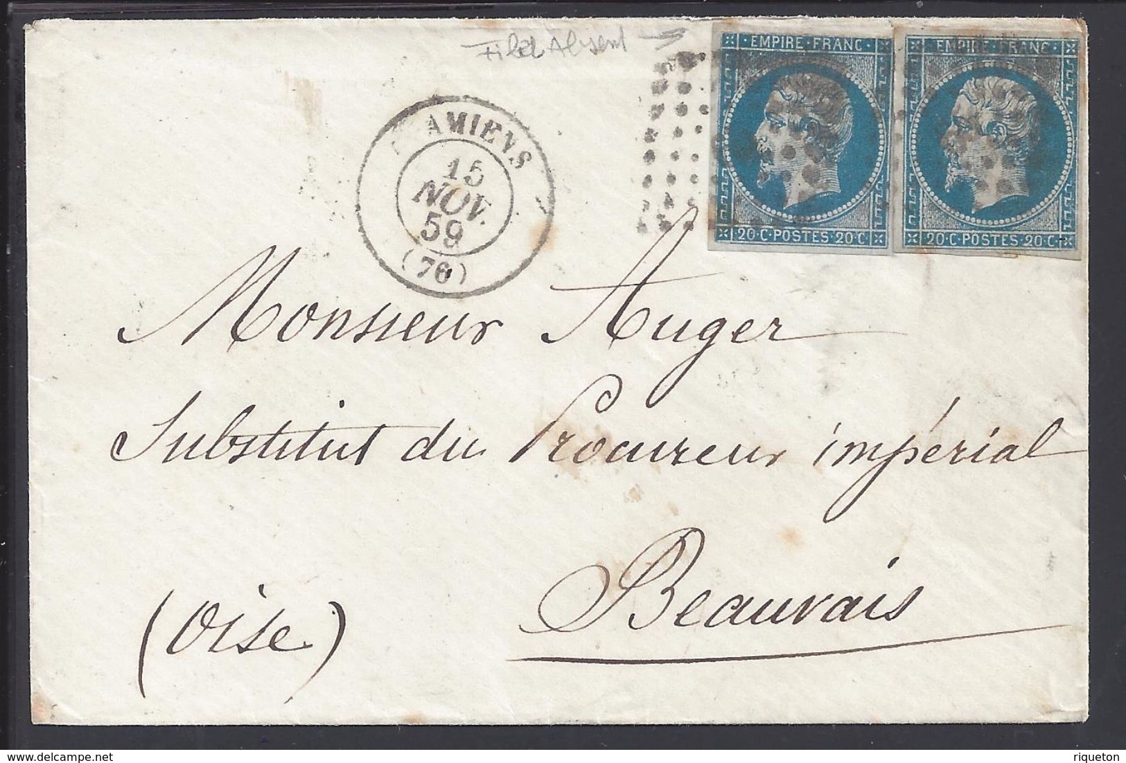 FR - 1859 - N° 14 A X 2 Bleu Sur Azuré Oblitéré Losange PC 65 Sur Enveloppe D'Amiens Pour Beauvais - B/TB - - 1849-1876: Periodo Clásico