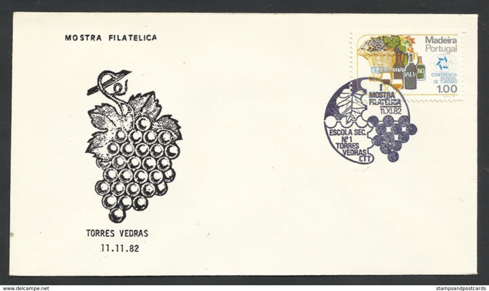 Portugal Cachet Commémoratif  Expo Philatelique Torres Vedras Raisins Vin 1982 Event Postmark Stamp Expo Wine Grapes - Wein & Alkohol