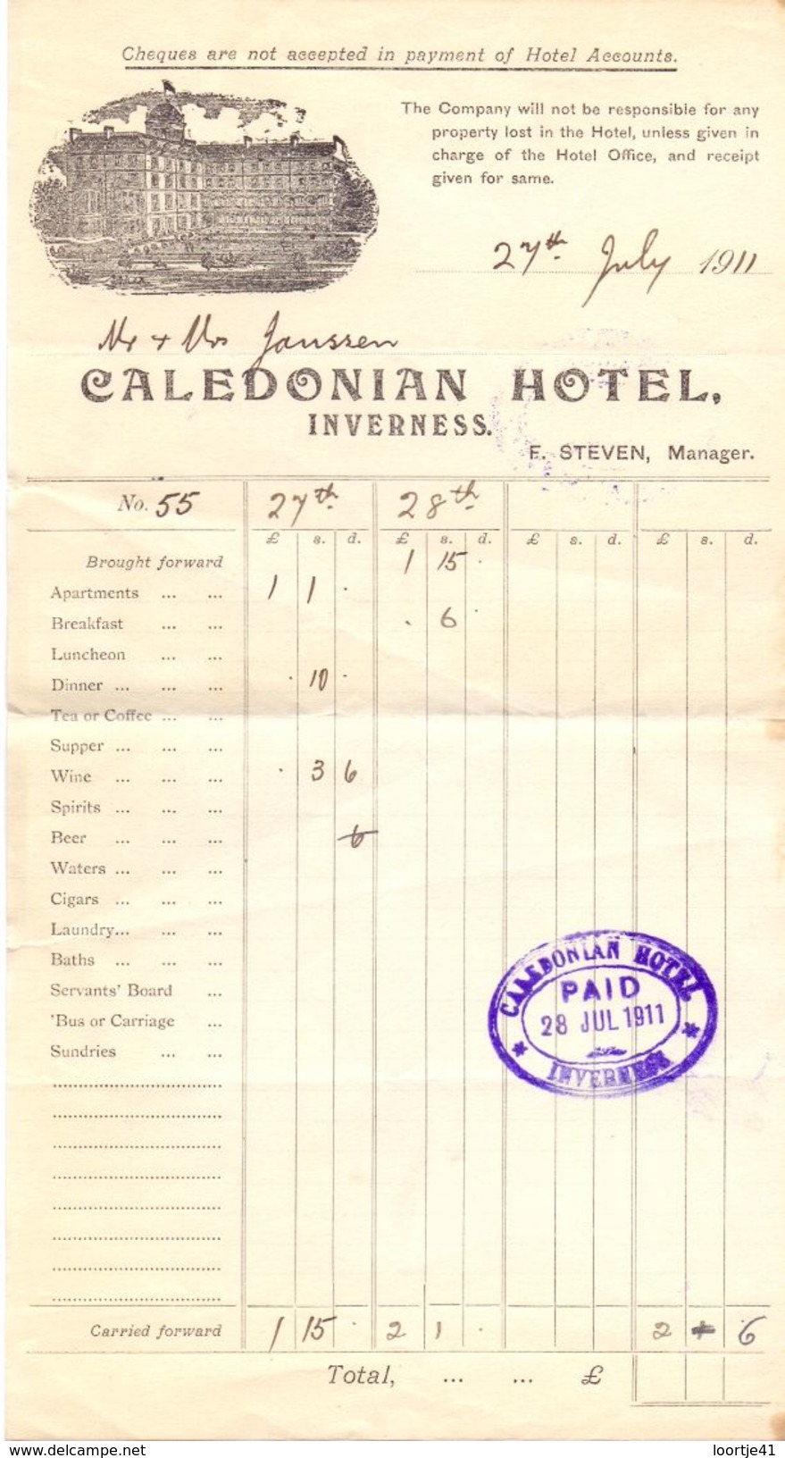 Factuur Facture Reçu  Note Bill - Caledonian Hotel - Inverness 1911 - Etats-Unis