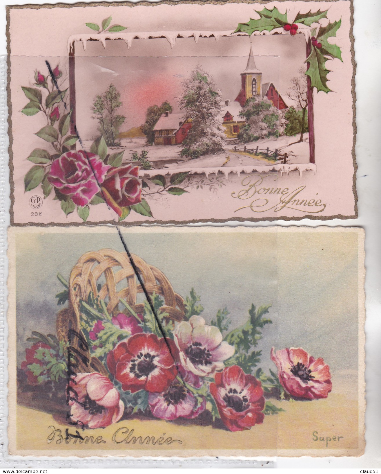 Lot de 20 cartes Bonne Année;Paysages,villages  sous la neige Fleurs,pont,étang,oiseaux,enfant,calèche....