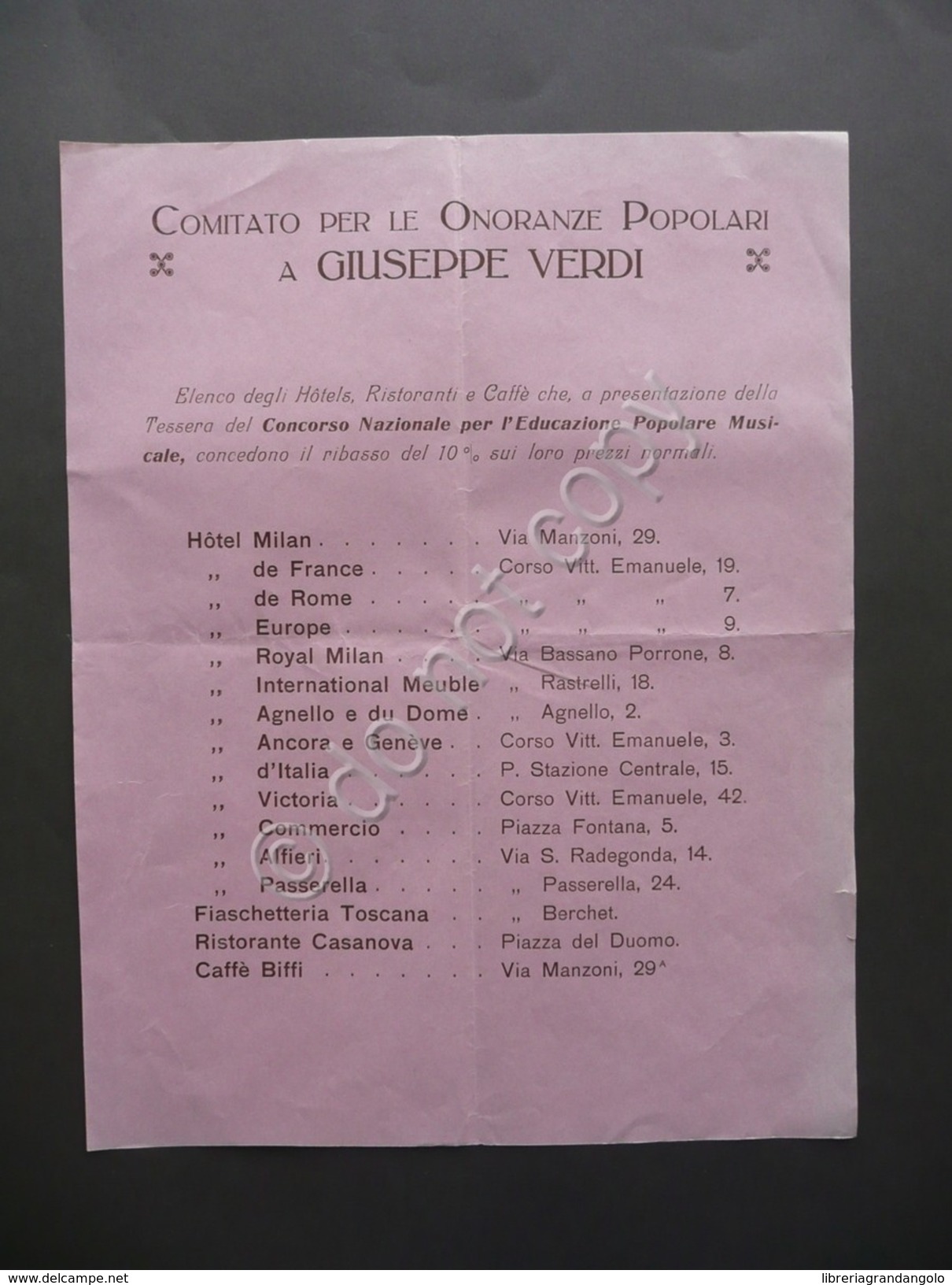 Comitato Onoranze Popolari A Giuseppe Verdi Foglio Ribasso Prezzi Hotel '900 - Non Classificati