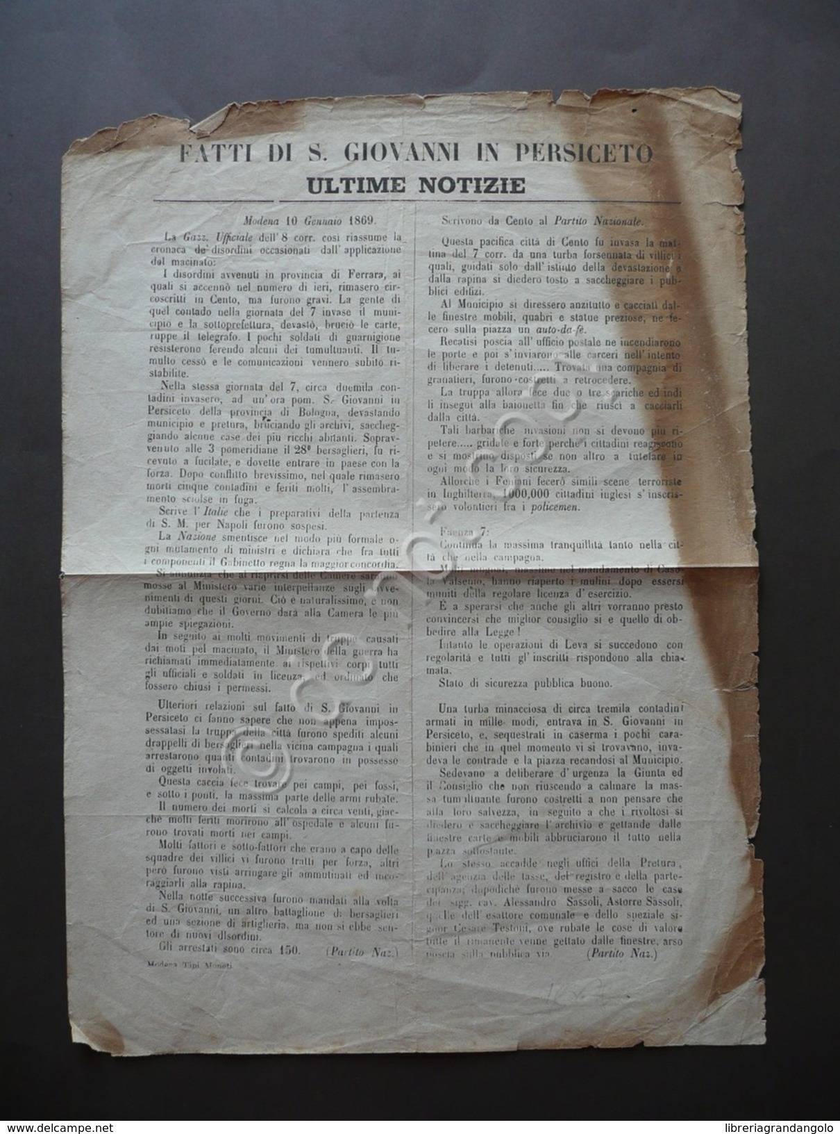 Fatti Di S.Giovanni In Persiceto Ultime Notizie Legge Macinato Repressione 1869 - Non Classificati