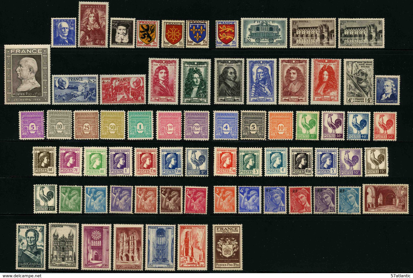 FRANCE - ANNEE COMPLETE 1944 - YT 599 à 668 ** - 70 TIMBRES NEUFS ** - 1940-1949