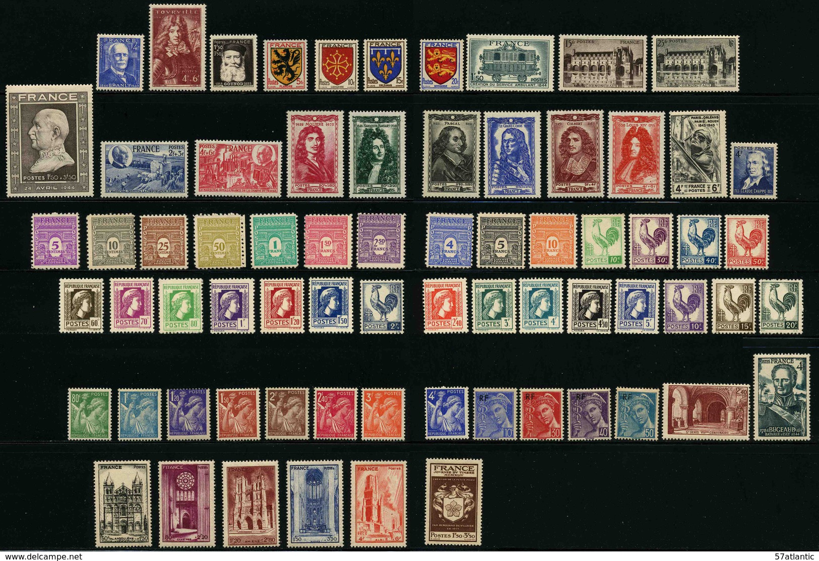 FRANCE - ANNEE COMPLETE 1944 - YT 599 à 668 ** - 70 TIMBRES NEUFS ** - 1940-1949