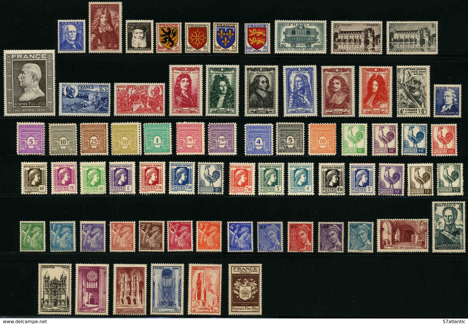 FRANCE - ANNEE COMPLETE 1944 - YT 599 à 668 ** - 70 TIMBRES NEUFS ** - 1940-1949