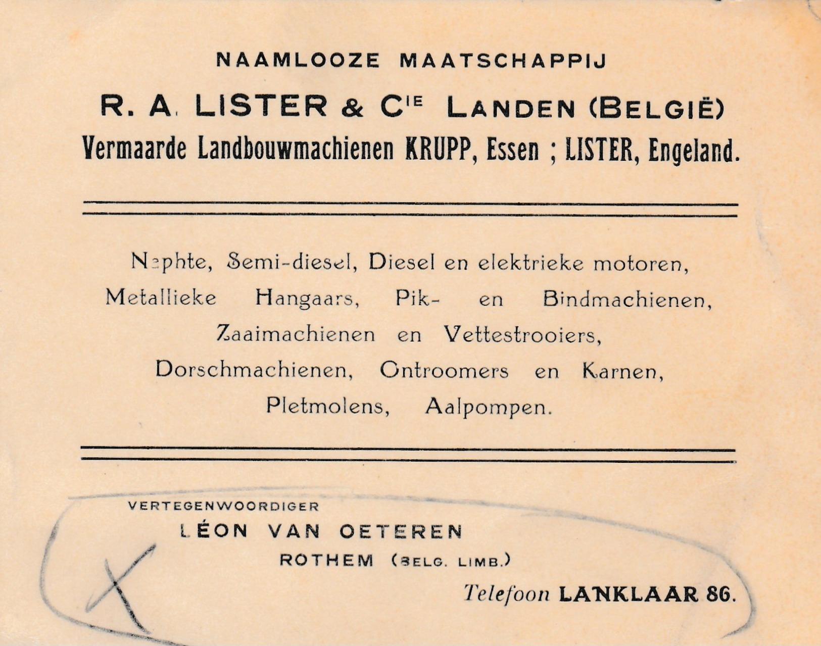 Rothem (telefoon: Lanklaar ),carte Publicité , Vertegenwoordiger :Léon Van Oeteren (R.A.Lister ,Landen) - Dilsen-Stokkem