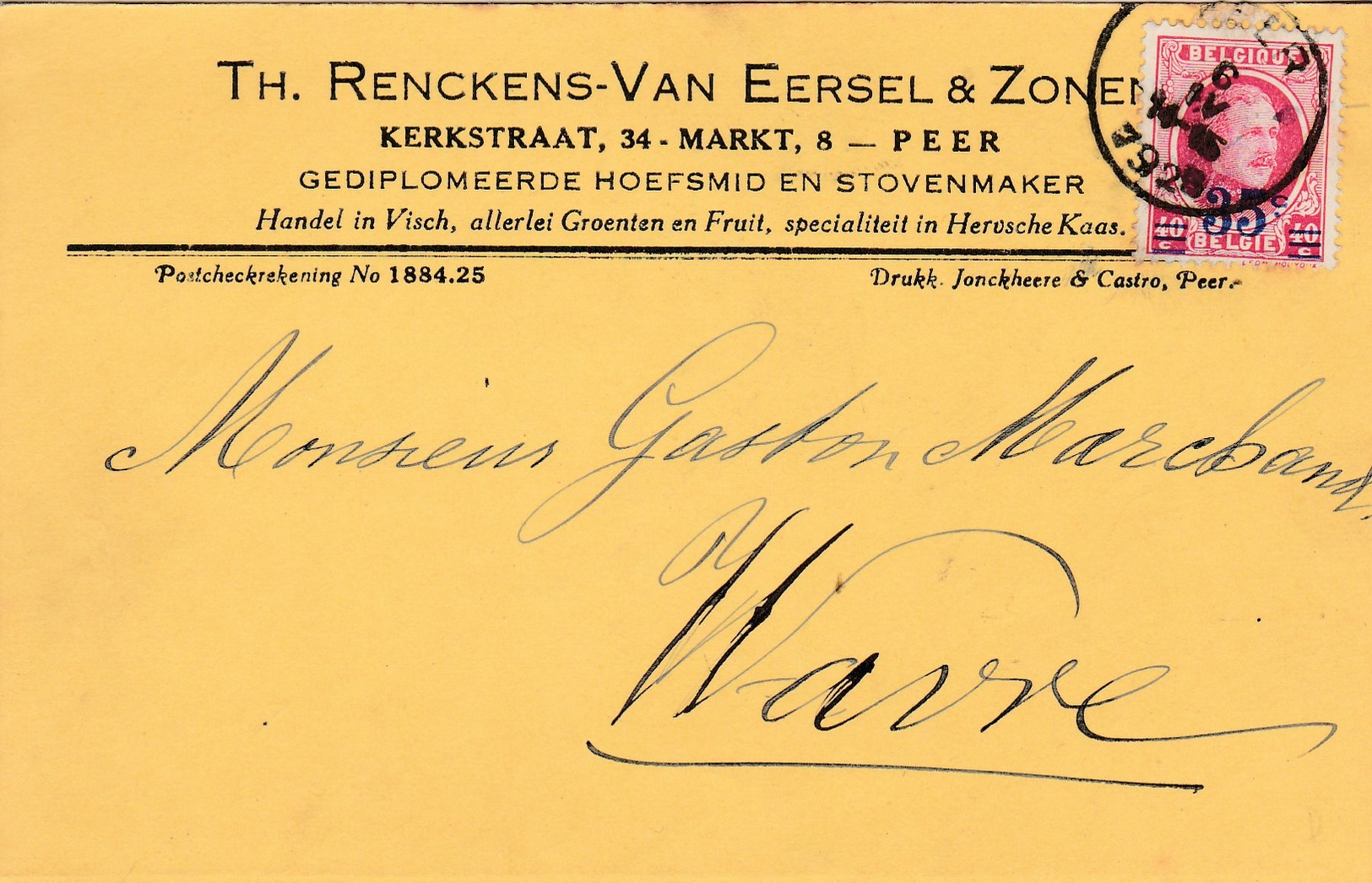 PEER,carte Publicité ,Th. Renckens-Van Eersel & Zonen - Peer