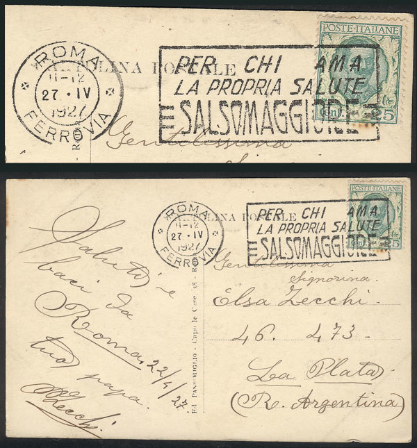 TOPIC MEDICINE "PC Sent From Italy To Argentina On 27/AP/1927, With Slogan Can - Medicina