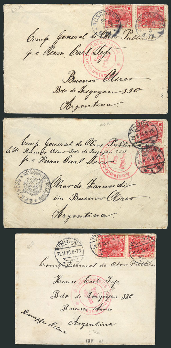GERMANY 3 Covers Sent To Argentina Between AUG And NOV/1915, All CENSORED, Very - Andere & Zonder Classificatie