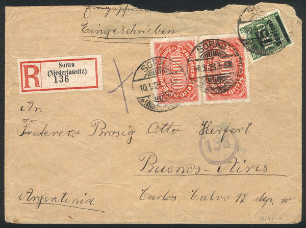 GERMANY Registered Cover Sent From Sorau To Buenos Aires On 10/SE/1923 With INF - Andere & Zonder Classificatie