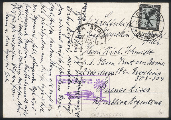 GERMANY Postcard Flown By ZEPPELIN, Sent From Friedrichshafen To Buenos Aires O - Andere & Zonder Classificatie