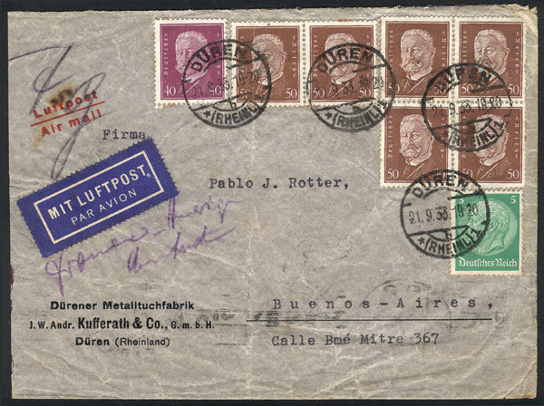 GERMANY Airmail Cover Sent From Düren To Buenos Aires On 21/SE/1933 Franked Wit - Andere & Zonder Classificatie