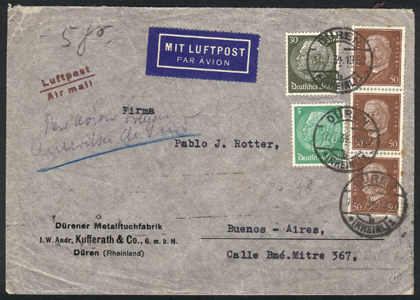 GERMANY Airmail Cover Sent From Düren To Buenos Aires On 17/JUL/1934 Franked Wi - Andere & Zonder Classificatie