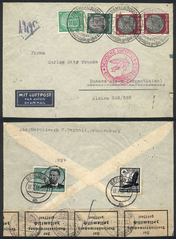 GERMANY Airmail Cover Sent From Oranienburg To Buenos Aires On 27/JUL/1937 Fran - Andere & Zonder Classificatie