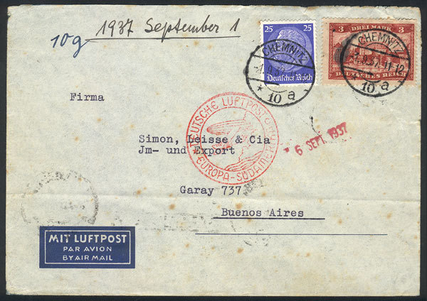 GERMANY Airmail Cover Sent From Chemnitz To Buenos Aires On 1/SE/1937 Franked W - Andere & Zonder Classificatie