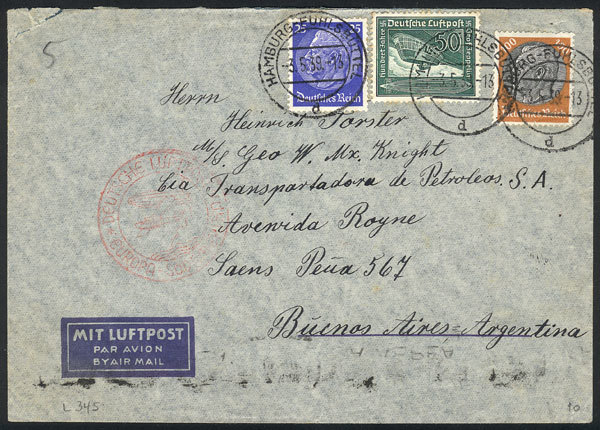 GERMANY Airmail Cover Sent From Hamburg-Fu. To Buenos Aires On 3/MAY/1939 Frank - Andere & Zonder Classificatie