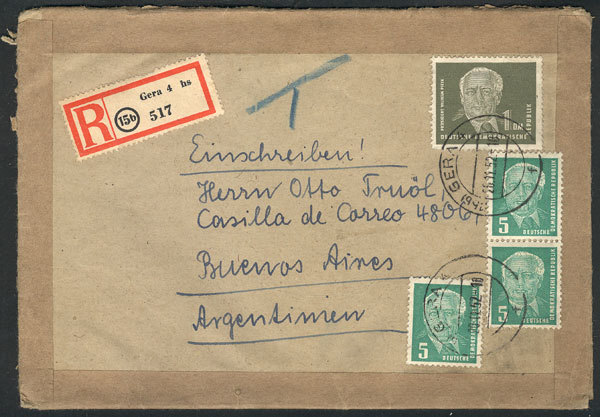 EAST GERMANY Registered Cover Sent From Gera To Buenos Aires On 20/NO/1952 Fran - Andere & Zonder Classificatie