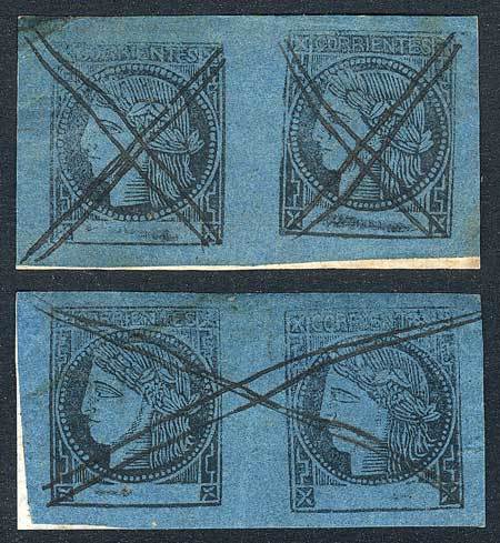 ARGENTINA GJ.3, Blue, 2 Pairs With Interesting Pen Cancels, VF Quality! - Corrientes (1856-1880)