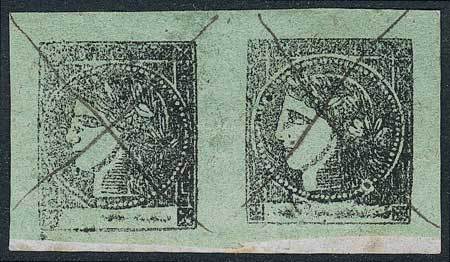 ARGENTINA GJ.4, Yellow Green, PAIR Of Wide Margins, Pen Cancelled On Fragment, - Corrientes (1856-1880)