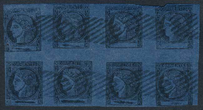 ARGENTINA "GJ.7, 1871 3c. Dark Blue, Fantastic Used BLOCK OF 8, With Mute ""ova - Corrientes (1856-1880)