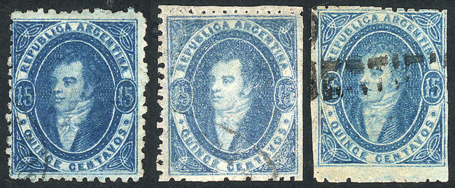 ARGENTINA GJ.24, 15c. Blue, 3 Examples With Worn Or Dull Impression, Notable Di - Ongebruikt