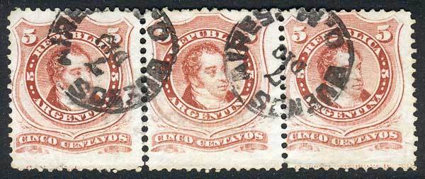 ARGENTINA GJ.38, 5c. Rivadavia, Used Strip Of 3, Buenos Aires Datestamp With Er - Andere & Zonder Classificatie