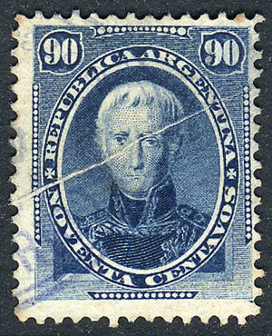 ARGENTINA GJ.44, 1867 90c. Saavedra, With Notable DIAGONAL Paper Fold, Very Rar - Autres & Non Classés