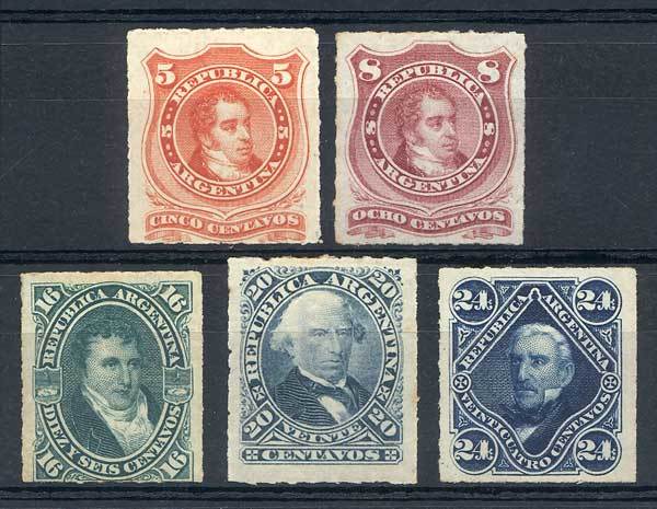 ARGENTINA GJ.48/52, 1876/8 National Heroes, Complete Set Of 5 Rouletted Values, - Andere & Zonder Classificatie