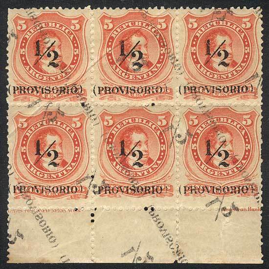 ARGENTINA GJ.60r, Fantastic Block Of 6 With DOUBLE SURCHARGE, One In Negative A - Andere & Zonder Classificatie