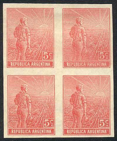 ARGENTINA GJ.323p, 1911 5c. Plowman With Sun Watermark, IMPERFORATE BLOCK OF 4, - Andere & Zonder Classificatie