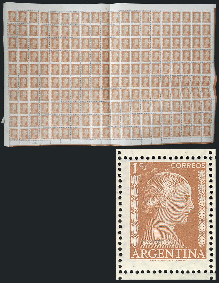 ARGENTINA "GJ.1003, 1952 1c. Eva Peron, Complete Sheet Of 200 Stamps With PRINT - Andere & Zonder Classificatie