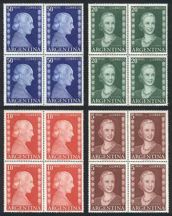 ARGENTINA GJ.1019/22, 1952 Eva Peron 5P. To 50P., Blocks Of 4 Of The High Value - Andere & Zonder Classificatie