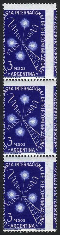 ARGENTINA GJ.1027, 1954 3P. Telecommunication Conference, Strip Of 3 With Stron - Andere & Zonder Classificatie