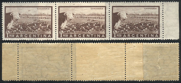 ARGENTINA GJ.1045, 1P. Cattle, Strip Of 3 With END-OF-ROLL JOINT PAPER Variety, - Andere & Zonder Classificatie