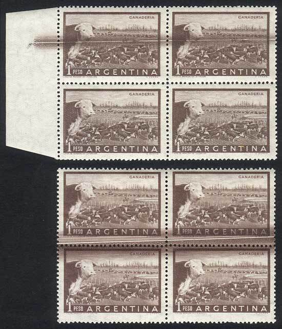 ARGENTINA GJ.1045, 1P. Cattle, 2 Blocks Of 4 With Variety: Thick Horizontal Lin - Andere & Zonder Classificatie